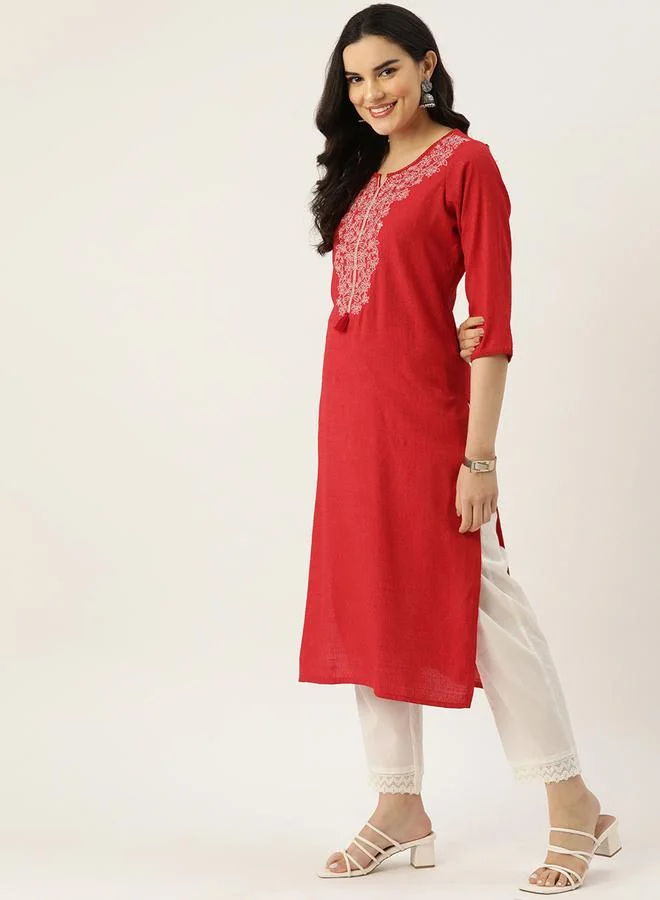 Rue Collection  Women Red Cotton Embroidered Kurta for Women | Best Price UAE